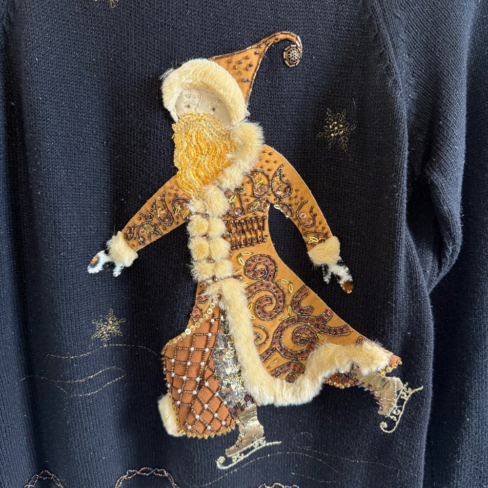 Vintage 90s Susan Bristol Knit Christmas Sweater Beaded Santa - Picture 3 of 15
